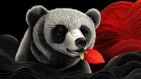A charming panda enjoys a fresh green leaf against a vibrant, swirling backdrop.の素材