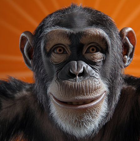 This playful chimpanzee showcases a happy expression under warm sunlight.の素材