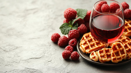 Enjoying a delightful treat of waffles paired with wine and raspberries.の素材