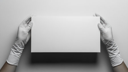 Two gloved hands present a blank white sheet, inviting creativity and inspiration.の素材