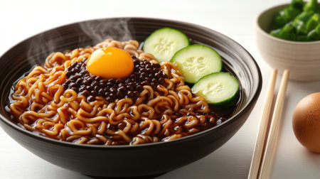 Enjoy a delicious bowl of flavorful noodles, fresh cucumber slices, and a rich egg yolk.の素材