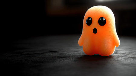 A playful orange ghost explores its shadowy space, looking surprised and curious.の素材