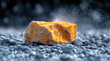 A striking orange rock stands out against a rugged gray surface, radiating energy.の素材