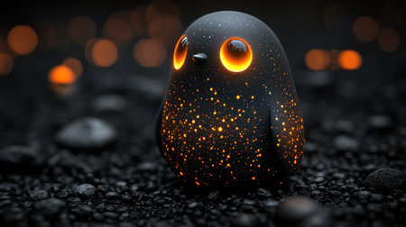 A charming black bird with glowing eyes rests on sparkling stones in the twilight.の素材