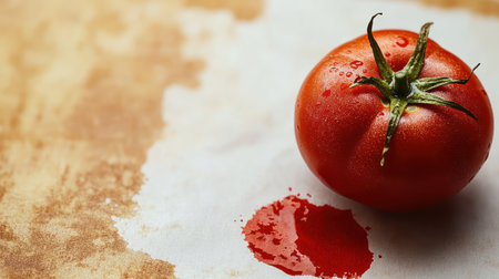 A vibrant tomato showcases its juiciness, with droplets sparkling under soft midday light.の素材