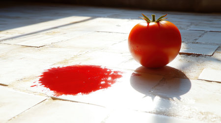 A solitary tomato casts a striking shadow beside a vivid red splash on tiled flooring.の素材