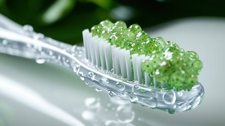 A toothbrush is adorned with green gel, ready for a refreshing dental care routine.の素材