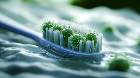 A toothbrush covered in vibrant green microbes sits on a reflective surface.の素材