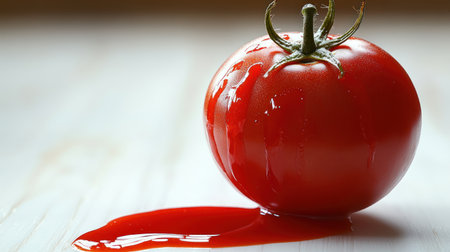 A juicy red tomato spills vibrant juice onto the surface, glistening in warm light.の素材