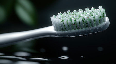 A vibrant toothbrush with green bristles is placed in clear water, highlighting hygiene.の素材