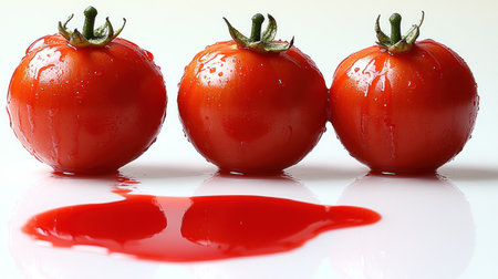 Three vibrant tomatoes sit together, droplets of water sparkling on their skins.の素材