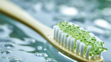 A vibrant toothbrush covered in green toothpaste, surrounded by sparkling water droplets.の素材