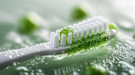 A toothbrush sits amidst vibrant green bubbles, showing a refreshing cleaning ritual.の素材