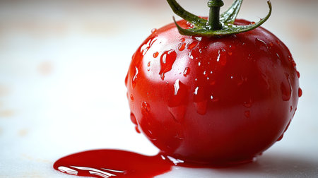 Dew-covered tomato rests on the counter, evoking freshness and culinary inspiration.の素材