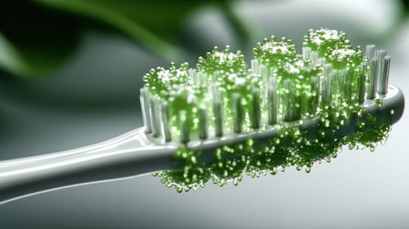 A toothbrush coated with vibrant green material showcases sustainable dental care.の素材