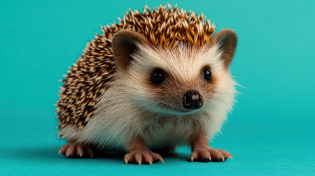 A tiny hedgehog stands on a bright aqua surface, showing its quills and charm.の素材
