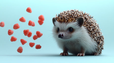A hedgehog curiously investigates a cluster of raspberries in mid-air.の素材