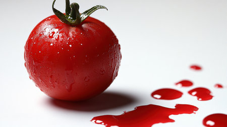 A fresh tomato glistens with dew, juice trickling onto a clean white background.の素材