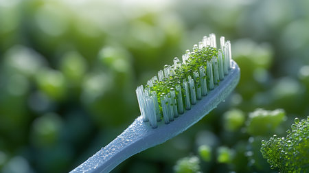 A toothbrush blends seamlessly with vibrant green moss, highlighting nature's beauty.の素材