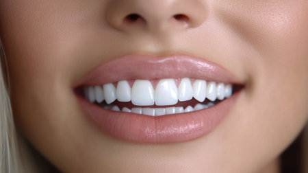 A joyful expression showcases healthy, radiant teeth and beautifully defined lips.の素材