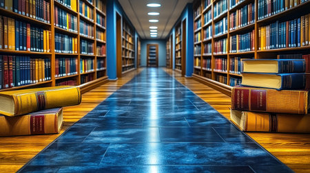 Quiet rows of books create a tranquil atmosphere in an inviting library corridor.の素材