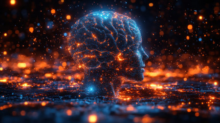 A glowing brain silhouette rises amid vibrant, swirling lights in a dreamlike setting.の素材