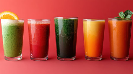 Five smoothies in various colors lined up, showing healthy ingredients and flavors.の素材