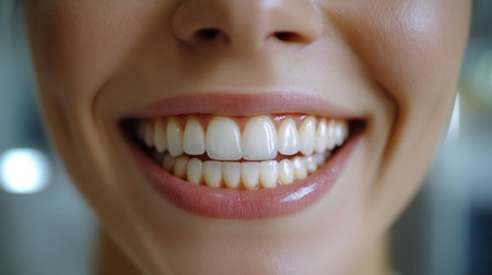 A woman expresses happiness with a radiant smile, highlighting her stunning teeth.の素材