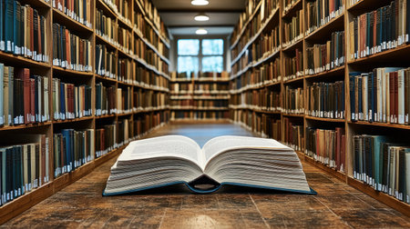 An open book rests on the floor, surrounded by tall shelves in a quiet library.の素材