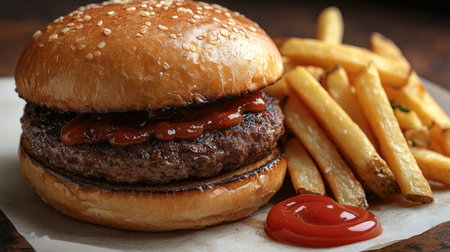 A delicious burger topped with ketchup served alongside crispy golden fries.の素材