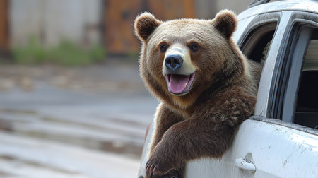 A playful bear enjoying the view from a car window in a serene environment.の素材