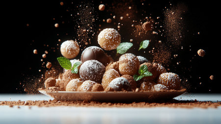 Decadent dessert balls dusted with cocoa powder create a mouthwatering display.の素材