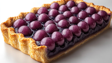 A beautifully crafted tart features glossy violet spheres on a flaky pastry base.の素材