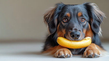 A curious dog holds a banana in its mouth, radiating joy and charm at home.の素材