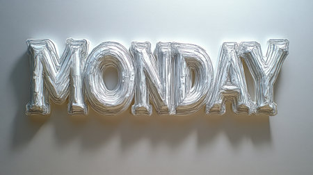 Monday is artistically crafted with twisted wire, casting soft shadows on white.の素材