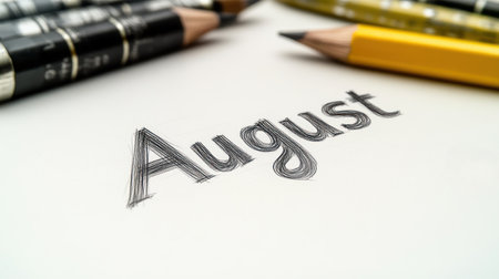 A creative display of the word August drawn with colored pencils on white paper.の素材