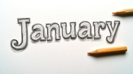 Artistic representation of January using colorful sketching tools on a bright surface.の素材