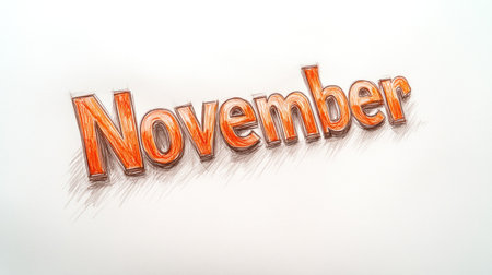 A creative representation of November, showing vibrant orange lettering with shadows.の素材