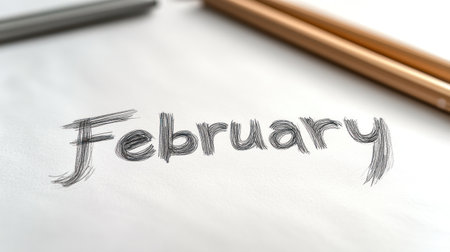 The word February is creatively sketched with artistic flair on paper.の素材