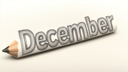 The December word is sketched elegantly on a pencil, symbolizing the winter season.の素材