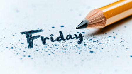 A colorful pencil lies beside the word Friday, capturing the joy of the end of the week.の素材