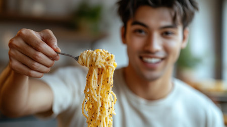 A cheerful young man twirls a forkful of pasta, ready for a delightful meal.の素材