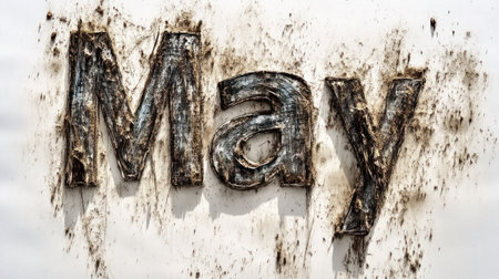 The faded letters of May showcase the effects of weathering and time.の素材