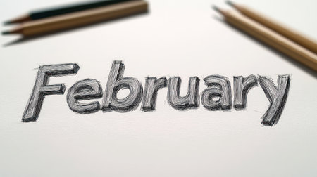 Artistic representation of February crafted with colored pencils on paper.の素材
