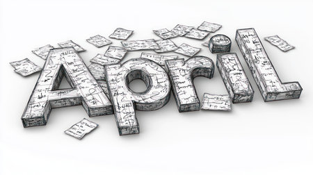 The word April stands prominently, accompanied by scattered handwritten notes and papers.の素材