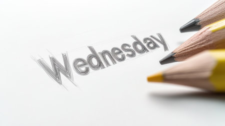 Colored pencils create a beautiful sketch of the word Wednesday on white paper.の素材