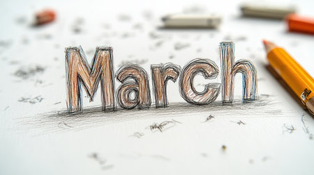 Artistic depiction of the month March with vibrant stationery nearby, inviting creativity.の素材