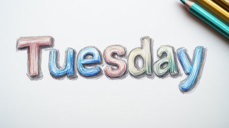 Vibrantly colored letters spell out Tuesday, bringing joy to the start of the week.の素材