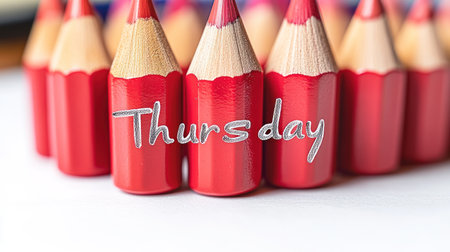 Bright red colored pencils creatively arranged to represent Thursday in a playful manner.の素材