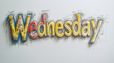 Creative lettering of Wednesday showcasing vivid colors and artistic flair.の素材